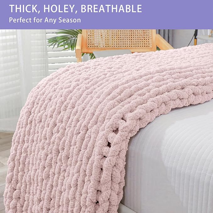 Bigacogo Chunky Knit Throw Blanket for Couch, 40x80 inches, 100% Hand Knitted with Thick Jumbo Chenille Yarn, Cozy Soft Large Rope Knot Cable Crochet Blankets for Sofa Bed Living Room, Rose Tan-Ruum Studio Home