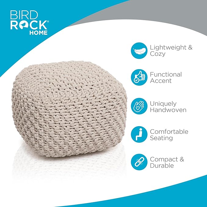 BIRDROCK HOME Square Pouf Ottoman | Cotton Braided Foot Stool with Bean Bag Filling | Boho Foot Rest for Living Room, Bedroom | Compact & Comfortable Seating, Lightweight & Sturdy | Natural-Ruum Studio Home