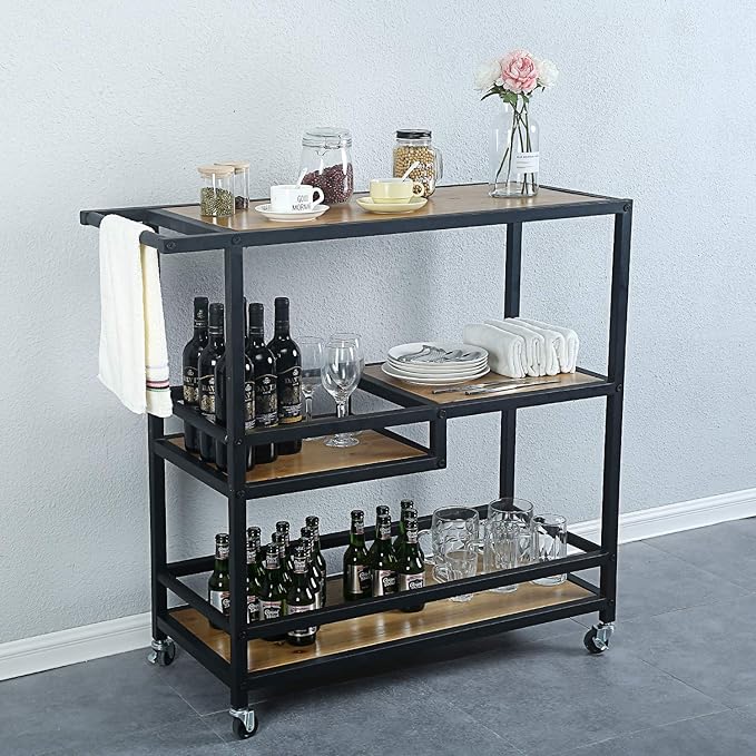 Bar and Serving Cart Industrial & Modern Rustic Rolling Bar and Serving Cart,3-Tiered Wood & Metal Kitchen Bar Cart Island with Wheels,Move Storage Coffee/Wine Island Shelf,Black-Ruum Studio Home