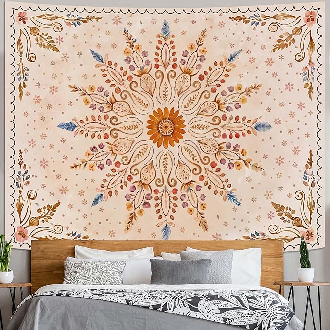 Fowocu Boho Floral Mandala Tapestry for Bedroom Aesthetic Watercolor Bohemian Flower Wall Tapestry Brown Beige Hippie Indian Large Tapestries Wall Hanging for Living Room Dorm Decor 80 x 60 Inch-Ruum Studio Home