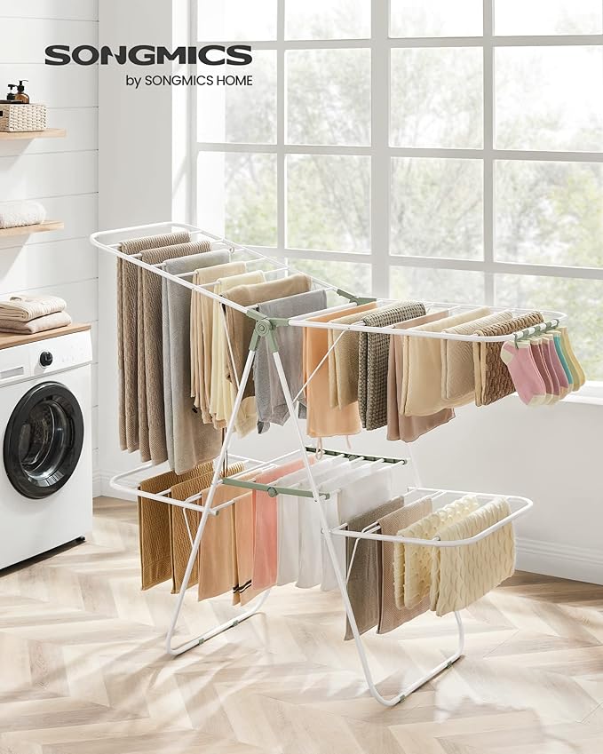 SONGMICS Clothes Drying Rack, Foldable 2-Level Laundry Drying Rack, Free-Standing Laundry Airer, with Height-Adjustable Wings, 33 Drying Rails, Sock Clips, White and Green ULLR053C01V1-Ruum Studio Home