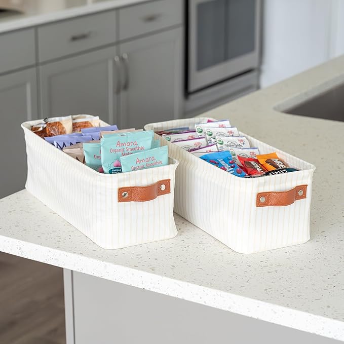OrganiHaus Narrow Storage Bins 15x06in, Small Closet Bins for Shelves, Bathroom Storage Baskets, Narrow Baskets, Fabric Organizer with Handles, Toilet Paper Organizer - 2 Pack, White w/Brown Stripes-Ruum Studio Home