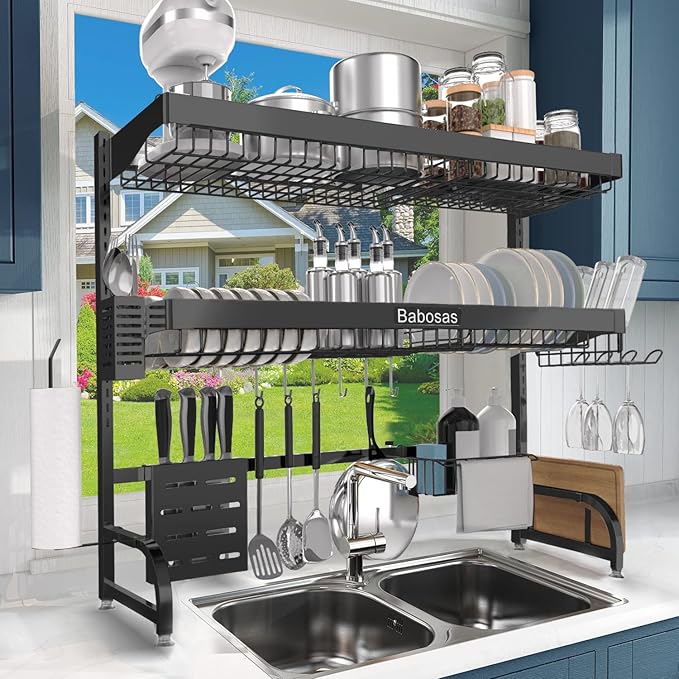 Over The Sink Dish Drying Rack,3 Tier Adjustable Length (25.5'' to 37.4'') Full Stainless Steel Large Storage Kitchen Dish Rack,for Kitchen Counter Expandable Multifunctional Organizers,Black-Ruum Studio Home