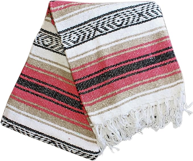 Del Mex Classic Mexican Blanket, Large Authentic Woven Falsa Throw (70"x50"), Artisan Southwest Décor for Beach, Yoga, Outdoors (Pink/Tan)-Ruum Studio Home