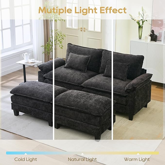 URRED Modular Sectional Sofa Comfy Cloud Couch, Modern Chenille Sofa Sleeper Deep Seat Couches with Ottoman/Pillows for Living Room (Black, 82.6''- 2 Ottomans)-Ruum Studio Home