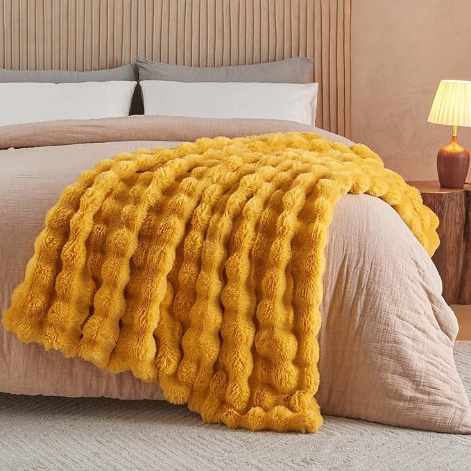 Lotus Karen Faux Fur Throw Blanket Ginger Yellow - Big Bubble Rabbit Fluff Blanket for Couch Bed Sofa,Softest Fluffy Fuzzy Cozy Blanket,Thick Furry Plush Shaggy Warm Blankets for Women,50x60 Inches-Ruum Studio Home