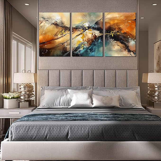 Abstract Living Room Pictures Wall Decor - Modern Bedroom Wall Decor Above Bed - Large 3 Piece Canvas Wall Art for Office Size 24" x 36"-Ruum Studio Home
