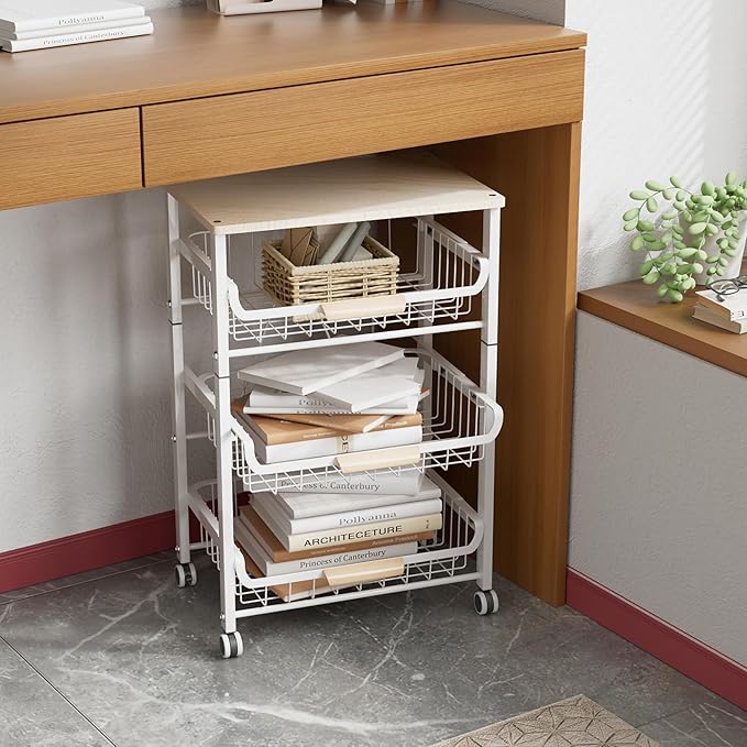4-Layer Fruit Basket Kitchen Food Storage Organizer and Storage Rack, Stackable Storage cart with Desktop, Pull-Out Hollow Metal Storage Basket, liding Out Storage,White-Ruum Studio Home