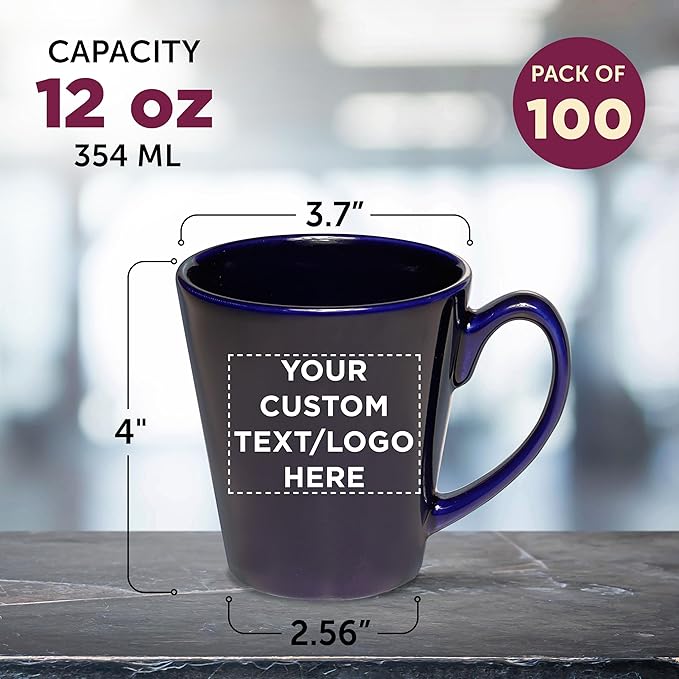 DISCOUNT PROMOS Custom Glossy Ceramic Latte Coffee Mug 12 oz. Set of 100, Personalized Bulk Pack - Perfect for Tea, Espresso, Cappuccino, Hot Cocoa - Blue-Ruum Studio Home