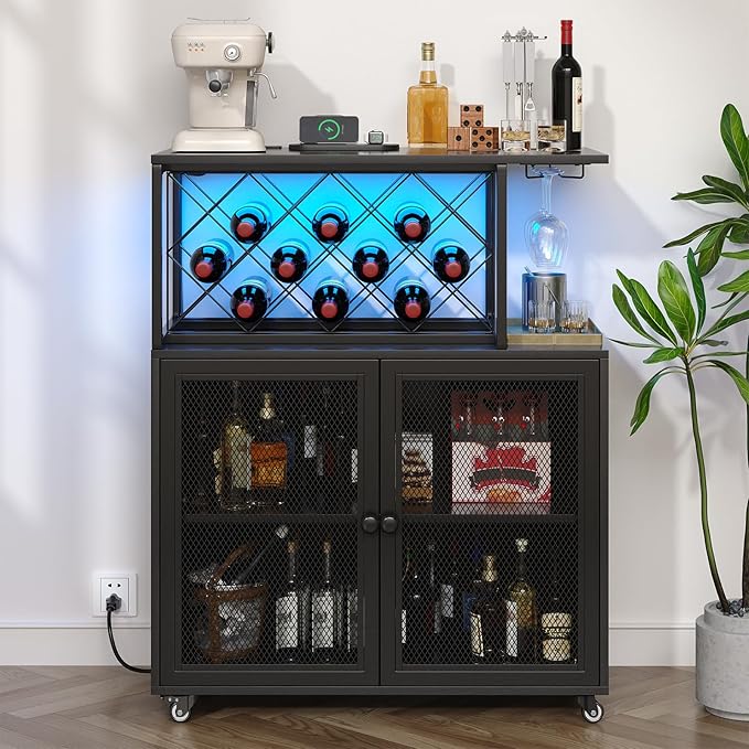 Wine Bar Cabinet with Wheels, 4-Tier Bar Cart with Power Outlets and LED Light, Liquor Cabinet Home Mini Bar with Wine Rack, Coffee Bar Cabinet for Liquor, Black-Ruum Studio Home
