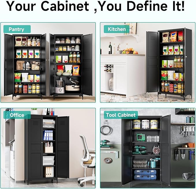 Metal Storage Cabinet with Doors and Shelves,Black Storage Cabinet with Leg,Metal Pantry Cabinets,Ventilated Pantry Closet,Tall Large Cupboard for Home,Kitchen,Dining/Living/Laundry Room-Ruum Studio Home