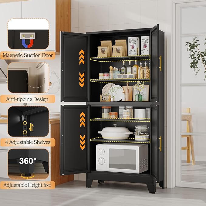 75.2" Tall Metal Pantry Cabinet, Storage Cabinets with 4 Door and 4 Adjustable Shelves, Black Kitchen Pantry Storage Cabinet, Freestanding Cupboard for Kitchen Dining Room Living Room Bathroom-Ruum Studio Home