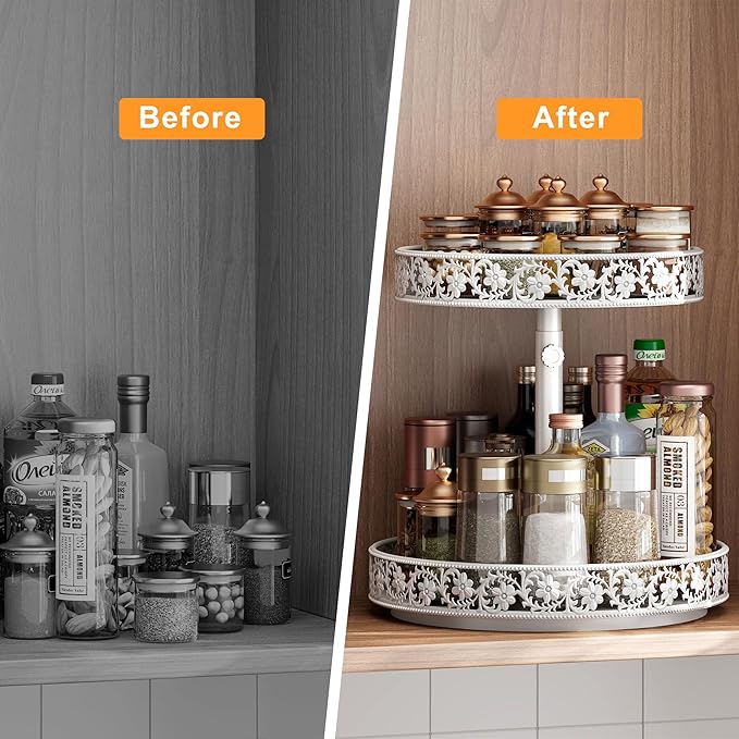 2 Tier Lazy Susan Organizer Turntable Adjustable,12 Inch Two Tier Lazy Susan Metal Easy Assembly Cleaning, Rotating Spice Rack Organizer for Cabinet Dining Table Kitchen Countertop White-Ruum Studio Home