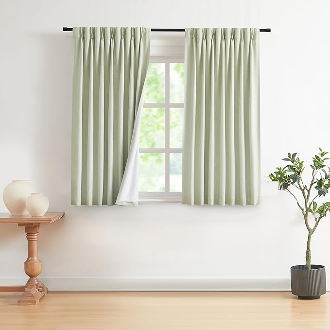 Vision Home Soft Green Pinch Pleated Full Blackout Curtains Linen Blended Room Darkening Curtain Panels 63 inch for Living Room Bedroom Thermal Insulated Pinch Pleat Drapes with Hooks 40" Wx63 Lx2-Ruum Studio Home