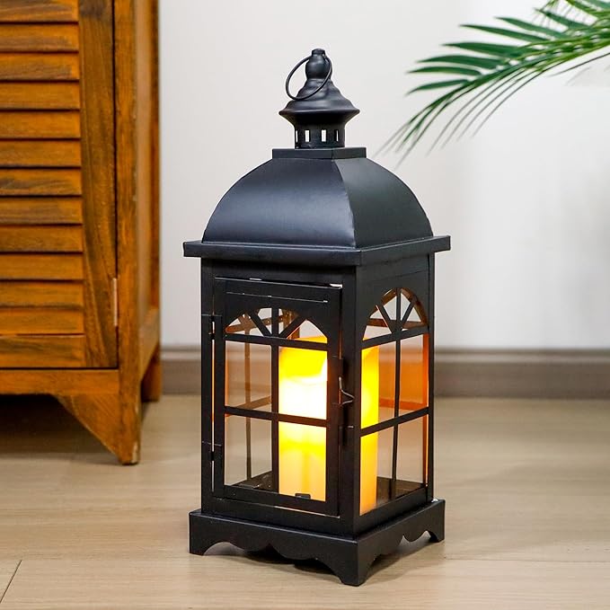 TRIROCKS Decorative Vintage Candle Lanterns 14.5" H Farmhouse Outdoor Hanging Lanterns with Tempered Glass for Porch, Balcony, Patio, Home, Centerpieces, Indoor, Outdoor(Black)-Ruum Studio Home