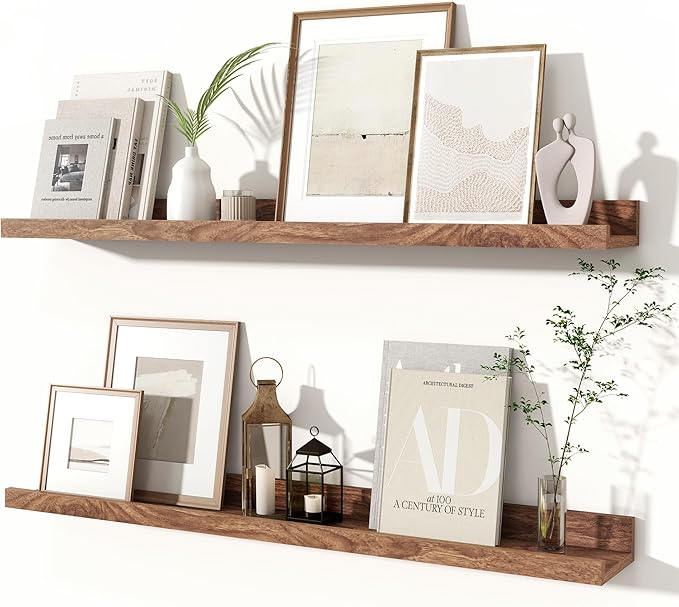 Fun Memories Picture Ledge Shelves Set of 2, 24 Inch Rustic Wall Mounted Floating Shelves with Lip for Home Storage and Décor in Bathroom, Kitchen, Nursery, Bedroom, Living Room, Walnut-Ruum Studio Home
