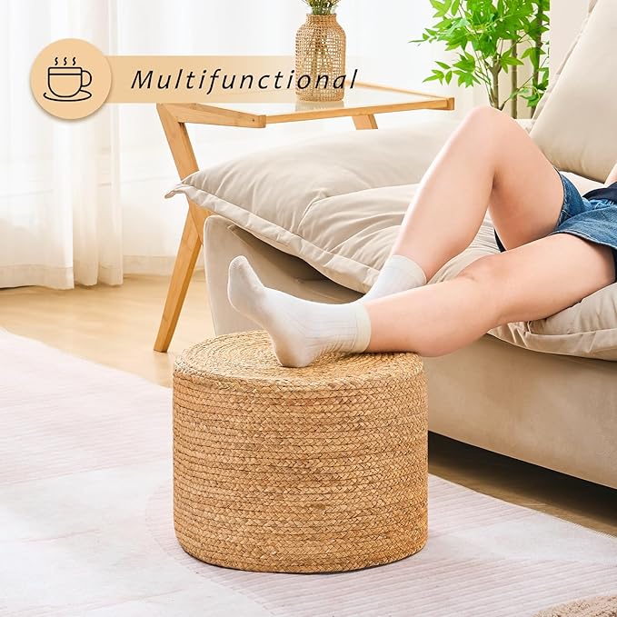 Handwoven Water Hyacinth Ottoman Pouf, Round Outdoor Footstool with Sturdy Frame, No Assembly Needed, Boho Accent Stool for Indoor & Outdoor Use – Patio, Balcony, Living Room (Natural)-Ruum Studio Home