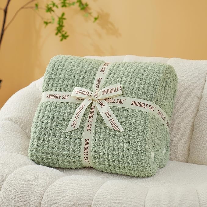 Snuggle Sac Sage Green Waffle Bedding Blankets Queen Size 90x90 inches, Reversible Microfiber Fluffy Fuzzy Soft Throw Cozy Knit Blanket for Women Mothers Birthday Gifts-Ruum Studio Home