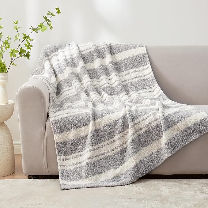 Snuggle Sac Grey Stripe Knitted Throw Blanket for Couch, Reversible Super Soft Warm Blankets Cozy Knit Fuzzy Plush Lightweight Throws for Sofa, Bed, Stripe Grey, 50 x 60 inches-Ruum Studio Home