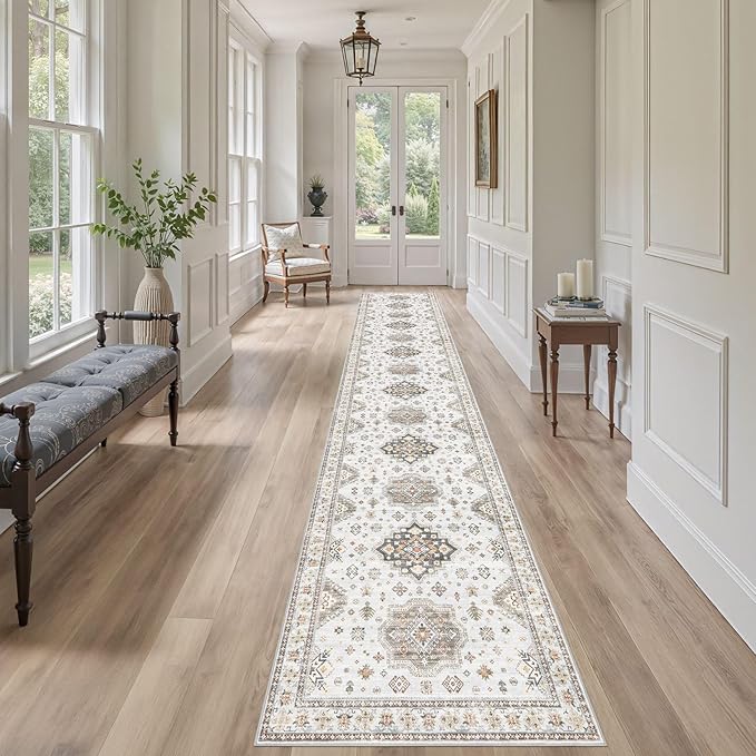 Washable 2.6x14 Runner Rug - Area Rugs Neutral Vintage Distressed Floral Farmhouse Boho Large Soft Floor Rug Indoor Carpet for Hallway Entryway Home - Blue Brown-Ruum Studio Home