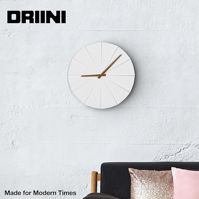 Driini Staircase Modern Wall Clock - Unique 10.5 in. Frameless Concrete Design - Contemporary, Minimalist Decor; No Numbers - Silent Battery Operated Clocks with Decorative Wooden Hands; White-Ruum Studio Home