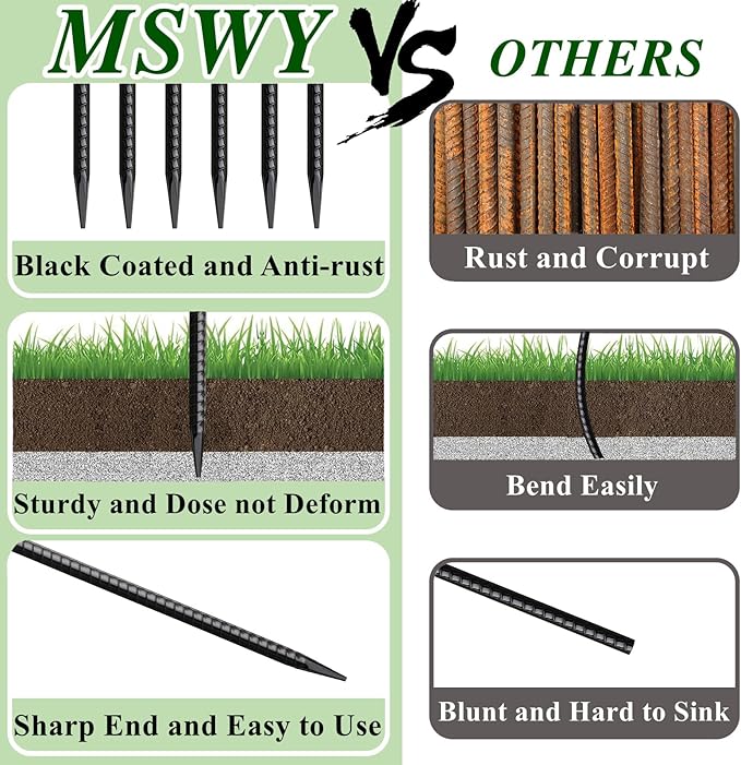 16 Inch Rebar Stakes 30 Pack Heavy Duty Ground Anchors with Chisel Point End Long Straight Steel Tent Stakes 3/8" Thickness Metal Spikes Black Coated for Concrete Timber Camping Garden Plant-Ruum Studio Home