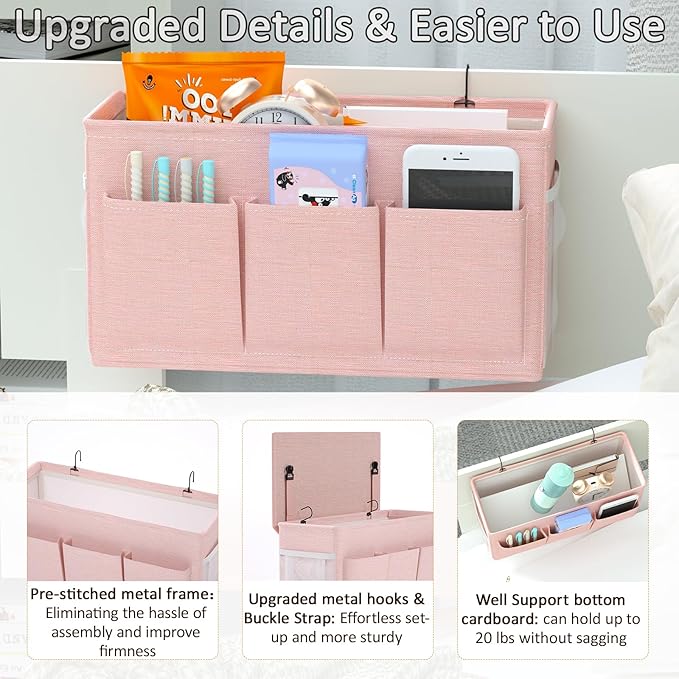 Dual-purpose Bedside Caddy Bedside Organizer, Bed Caddy with 6 Pockets, Versatile Bedside Storage Solution Magazine Remotes holder, ideal for Home, Dorm, Hospital, Crib Bed (Pink)-Ruum Studio Home