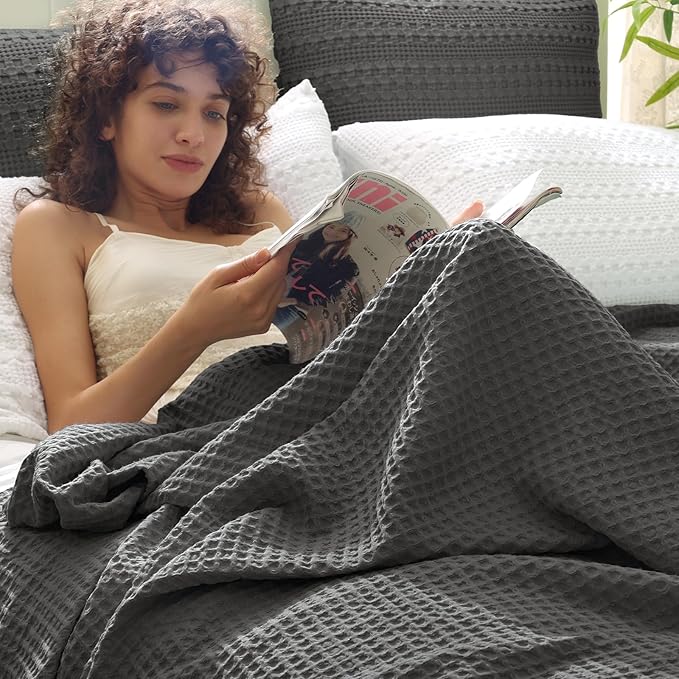 PHF Ultra Soft Waffle Weave Blanket Queen Size 90"x 90"- Washed Lightweight Breathable Cozy Woven Blanket for Bed - Aesthetic Decor for Couch Bedding Sofa Home Car - Grey-Ruum Studio Home