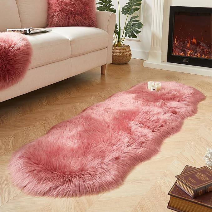 AMTOVO Faux Sheepskin Rug, Blush Pink Ultra Soft Fluffy Shag Area Rug, 2 x 6 ft Faux Fur Rug for Bedroom Sofa Throw Cushion Room Decor, Sheepskin-Ruum Studio Home