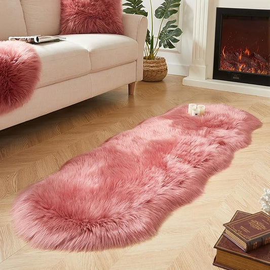 AMTOVO Faux Sheepskin Rug, Blush Pink Ultra Soft Fluffy Shag Area Rug, 2 x 6 ft Faux Fur Rug for Bedroom Sofa Throw Cushion Room Decor, Sheepskin-Ruum Studio Home