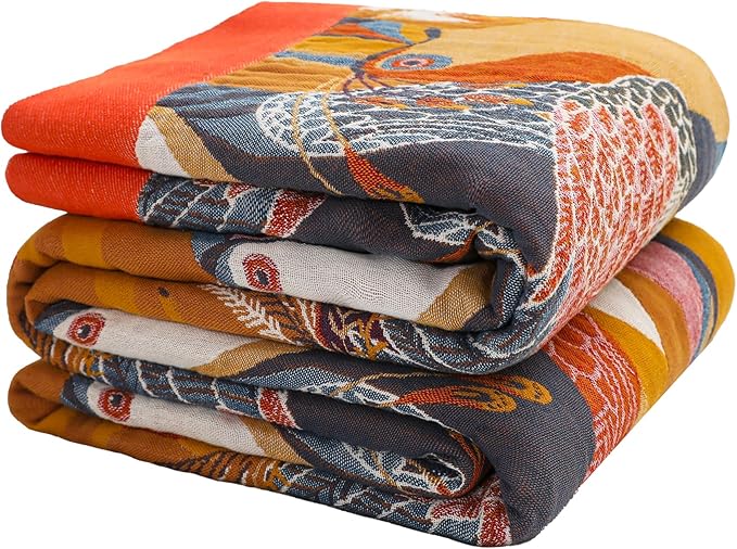 Boho Large Throw Blanket, 100% Organic Cotton Breathable Soft Bed Throw - Floral Bird Farmhouse Decor Blanket for Sofa Couch Chair Quilt and Gift. 60" x 80"- Colorful-Ruum Studio Home