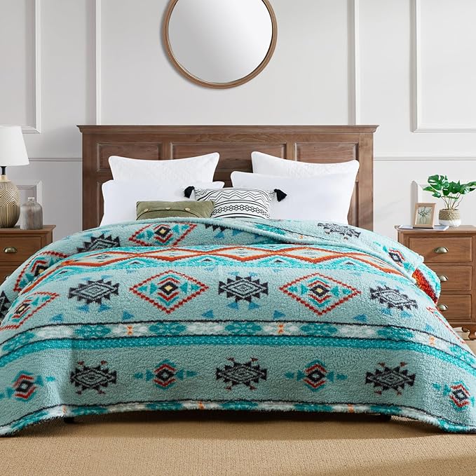 CASAAGUSTO Boho Sherpa Throw Blanket, Aztec Queen Blanket, Ultra Soft, Warm, Cozy, Plush, Thick Fleece Bohemian Throw Blanket for Couch, Bed, Sofa (Aqua 90 * 90 Inch)-Ruum Studio Home