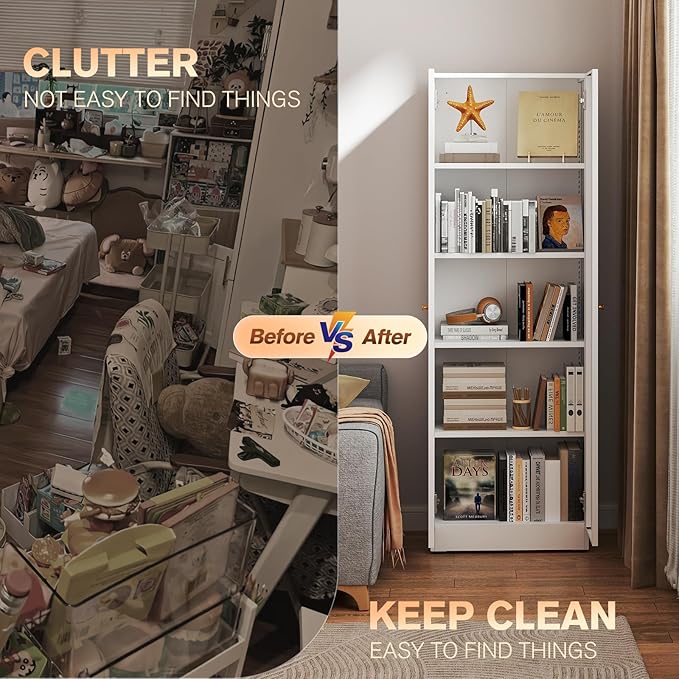 5 Tier Metal Curio Cabinets, Modern Bookshelf Cabinet with 4 Adjustable Shelves, Cabinet Display Case for Home Office, Living Room, Pantry (White-23.54W-Metal Door)-Ruum Studio Home