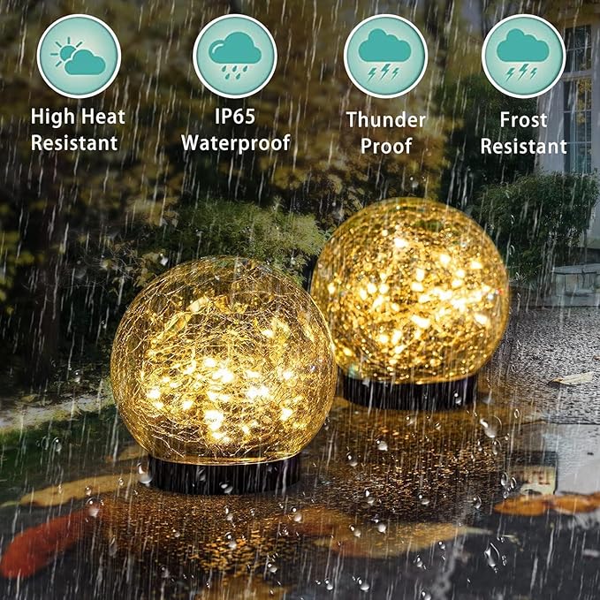 Solar Garden Lights Outdoor Waterproof, 4 Pack Cracked Glass Ball Light, Ground Landscape Garden Decor, Solar Globe Decorative for Pathway/Patio/Lawn/Yard (Warm White, 4.7")-Ruum Studio Home