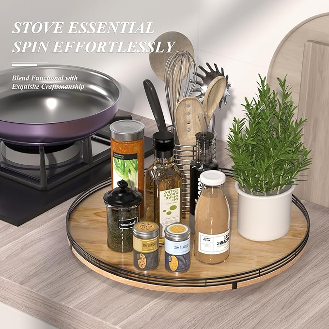 21" Lazy Susan Oak Wood Turntable Organizer for Cabinet, Farmhouse Round Wooden Large Lazy Susan Organization and Storage for Dining Table, Pantry, Kitchen, Countertop, Cupboard, Home Decor-Ruum Studio Home
