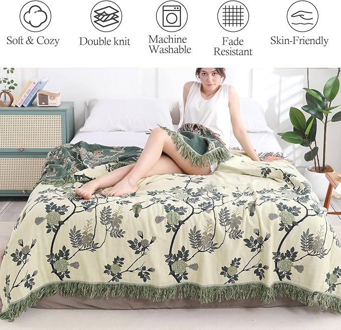Snycler Boho Throw Blanket for Bed - 100% Cotton Ultra Soft Rustic Quilt Green Hummingbird Printed Farmhouse Decor Bed Blankets,60"×80" All Season Rustic Throw for Sofa Couch Chair-Ruum Studio Home