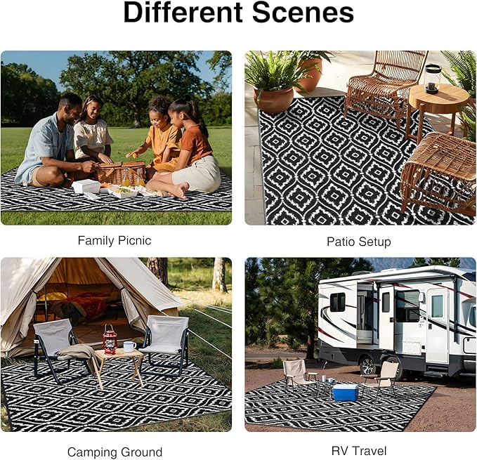 OLANLY Outdoor Rug 9x12 ft Waterproof, Outdoor Plastic Straw Rug with Geometric Pattern Clearance, Reversible RV Mat for Patio, Camping, Balcony, Deck, Backyard, Black & White-Ruum Studio Home