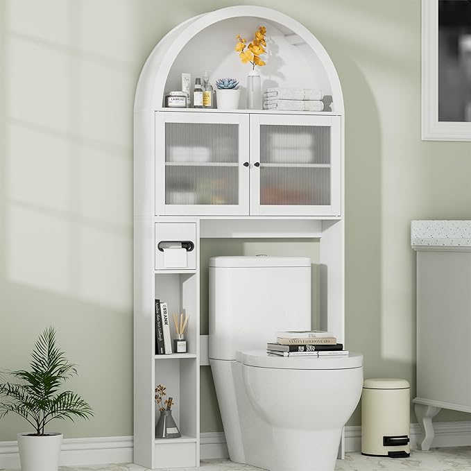 Over The Toilet Storage Cabinet, 31''W Arched Space-Saving Bathroom Organizer with Adjustable Shelf and Acrylic Doors, Freestanding Over Toilet Cabinet for Bathroom, Laundry, Restroom (White)-Ruum Studio Home