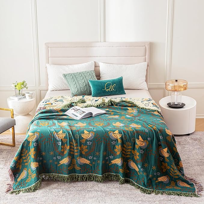 MSGKV Boho Throw Blanket Queen Size Cotton Blanket for Couch and Sofa Living Room Blanket Summer Bed Cozy Gauze Blanket 90" x 90"-Ruum Studio Home
