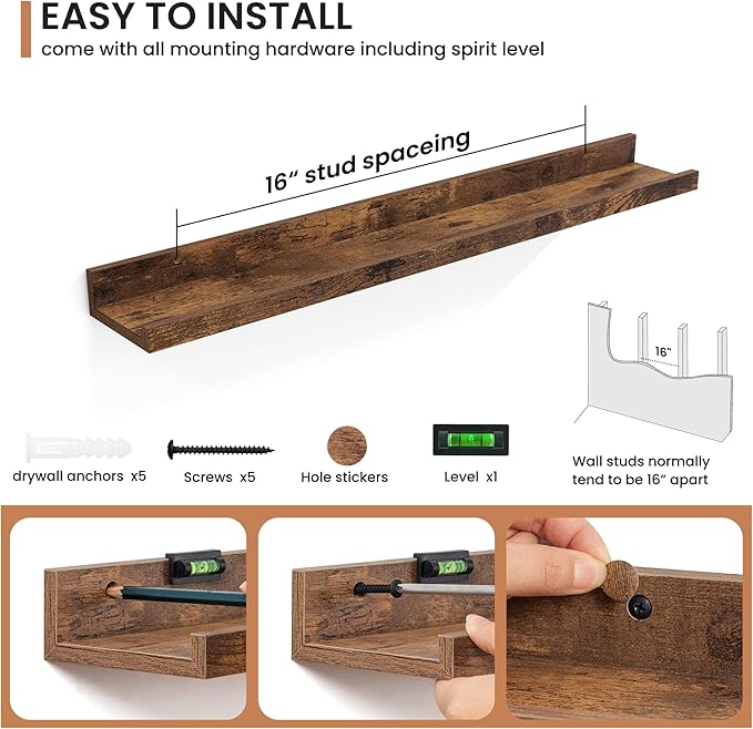 Fun Memories Picture Ledge Shelves Set of 2, 32 Inch Rustic Wall Mounted Floating Shelves with Lip for Home Storage and Décor in Bathroom, Kitchen, Nursery, Bedroom, Living Room, Brown-Ruum Studio Home