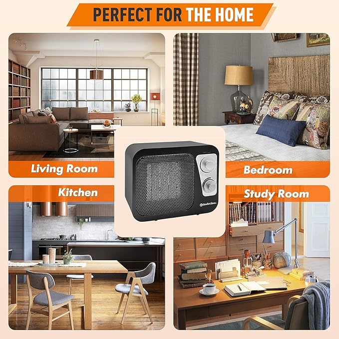 Comfort Zone Space Heaters for Indoor Use, Portable Heater, Fast Heating, Electric Heater, Thermostat, Retro Design, Bedroom Heater with Overheat Protection, Safety Tip-Over Switch 1,500W, Black-Ruum Studio Home