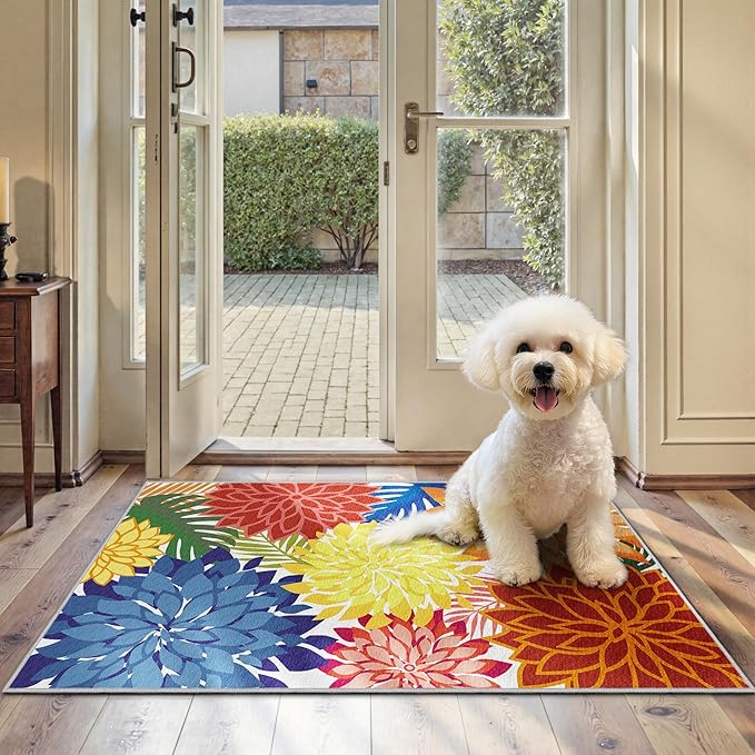 Area Rug 2x3 Washable Entry Small Rug Multicolored Tropical Botanical Modern Floral Indoor Kitchen Door Mat Entrance Carpet Non Slip for Bedroom Living Room, Porch-Ruum Studio Home
