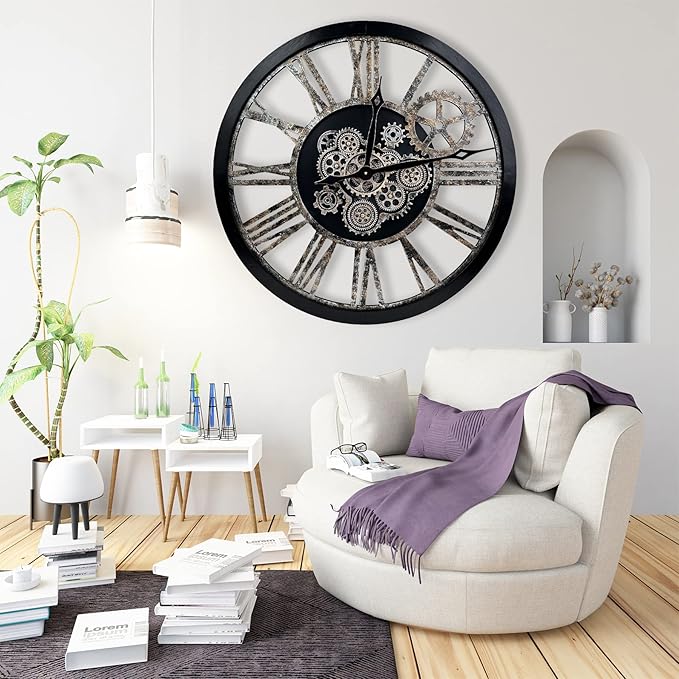 The B-Style 36" Large Moving Gear Wall Clock Oversized Vintage Farmhouse Wall Clocks for Living Room Decor Rustic Industrial Wood Clock (Black and Bronze)-Ruum Studio Home