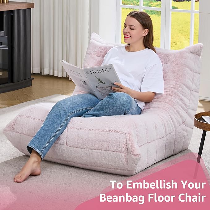Bean Bag Chairs for Adults Giant Bean Bag Chair Memory Foam BeanBag Chair Big Bean Bag Sofa with Filler Faux Fur Fireside Beanbags Lazy Sofa for Living Room Bedroom Dorm Office (Pink Plush)-Ruum Studio Home