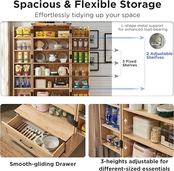 72" Tall Rattan Kitchen Pantry Cabinet with Drawer, Boho Storage Cabinet with 2 Rattan Doors and Shelves, Versatile Large Cabinet for Dining Room, Bathroom, Living Room, Laudry, Natural Oak-Ruum Studio Home