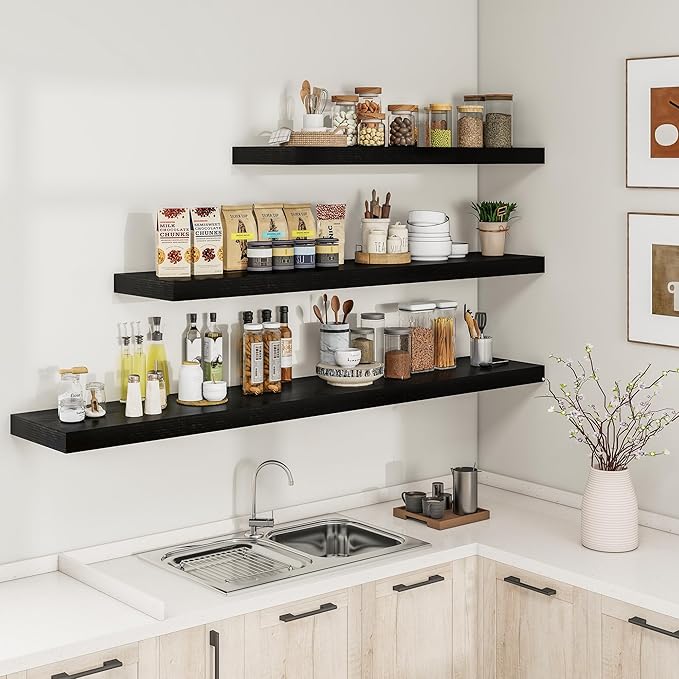 RICHFOCUS 40Inch Floating Shelves for Wall 2 Pack Shelves for Bedroom|Kitchen|Bathroom Wall Mounted Rustic Wood Floating Shelf with Invisible Brackets for Books|Storage|Decor, Black-Ruum Studio Home