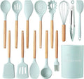 Country Kitchen Non Stick Silicone Utensil Set with Rounded Wood Handles for Cooking and Baking, 14 Piece Set, Mint-Ruum Studio Home