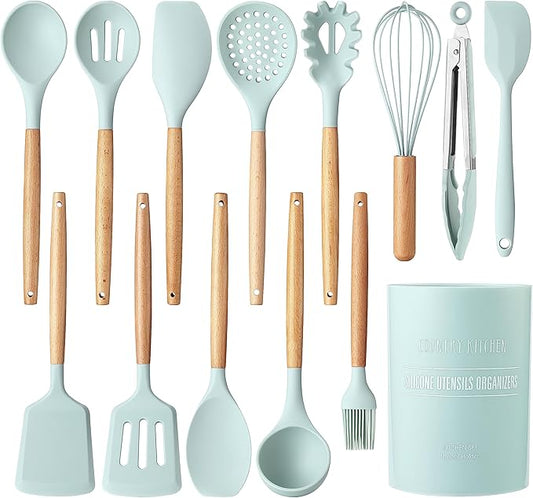 Country Kitchen Non Stick Silicone Utensil Set with Rounded Wood Handles for Cooking and Baking, 14 Piece Set, Mint-Ruum Studio Home