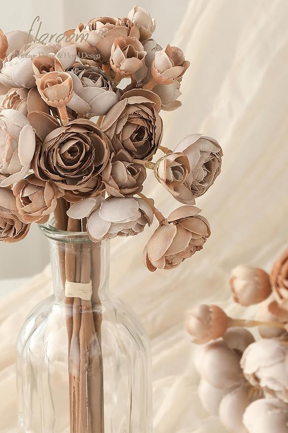 Floroom Ranunculus Artificial Flowers 18 Pcs Taupe Brown Faux Silk Mini Ranunculus Bulk Fake Wedding Filler Flowers for DIY Bouquets, Centerpieces, Bridal Shower Decorations & Arrangements-Ruum Studio Home