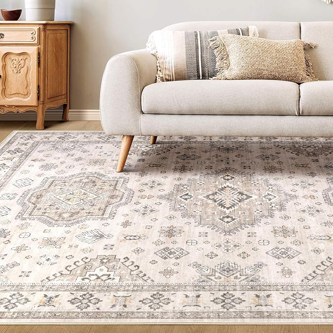 Washable Area Rugs for Living Room -8x10 Neutral Vintage Distressed Floral Farmhouse Boho Large Soft Floor Rug Indoor Non Slip Carpet for Living Room Bedroom Dining Room Office -Beige Brown-Ruum Studio Home
